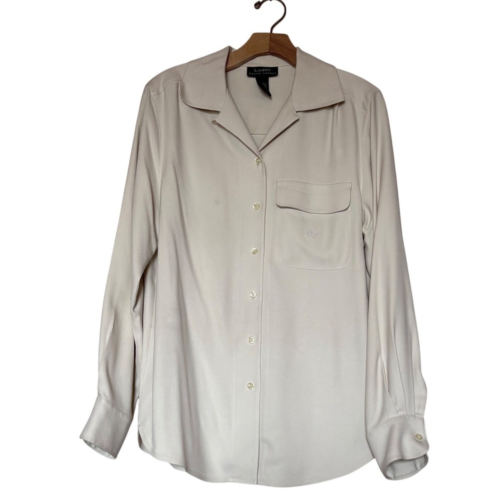 Lauren Ralph Lauren Cream 100% Silk Button Down Blouse Pajama Style Size 10